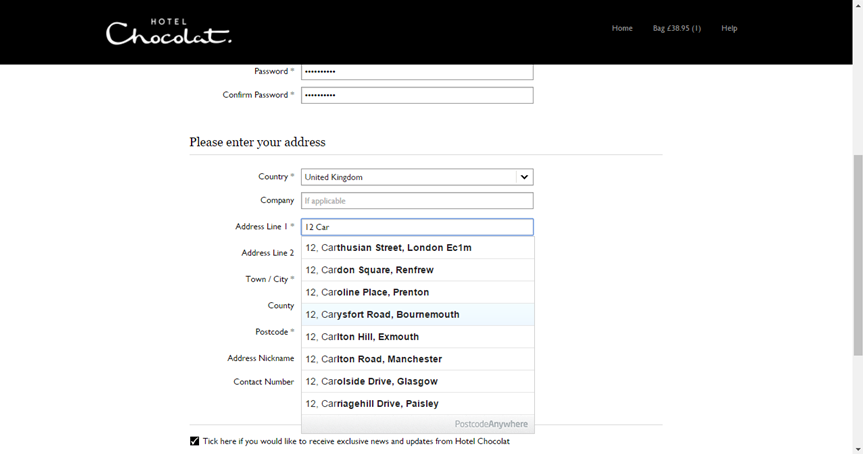 Image of Hotelchocolat.com address lookup in checkout